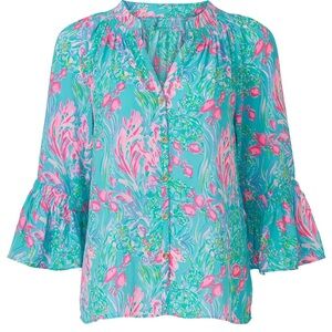 Floral Blue and Pink Lilly Pulitzer DAKOTA Top Blouse Amalfi Blue Fishes size S